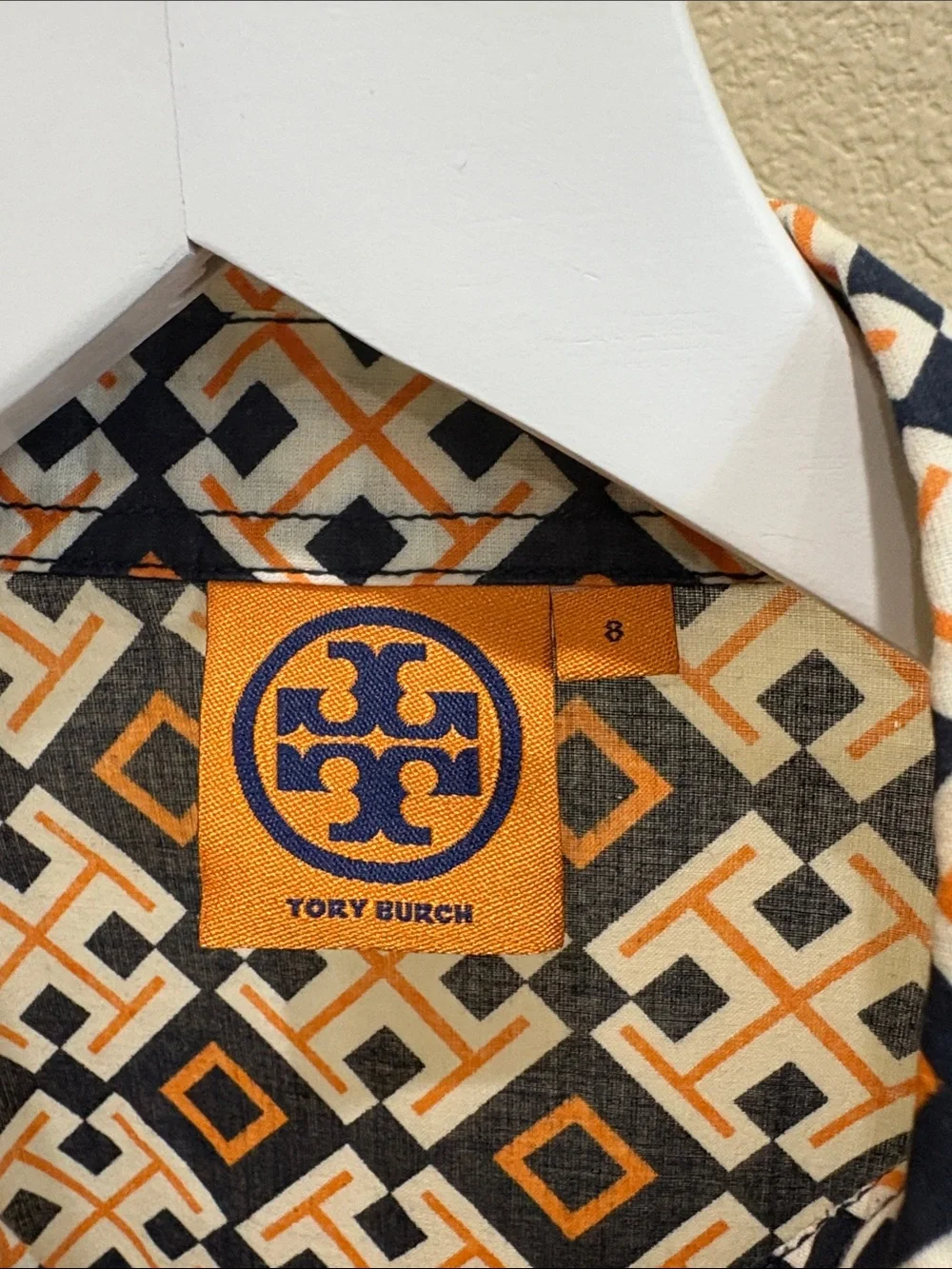 Tory Burch Navy and Orange Geometric Button-Down Shirt